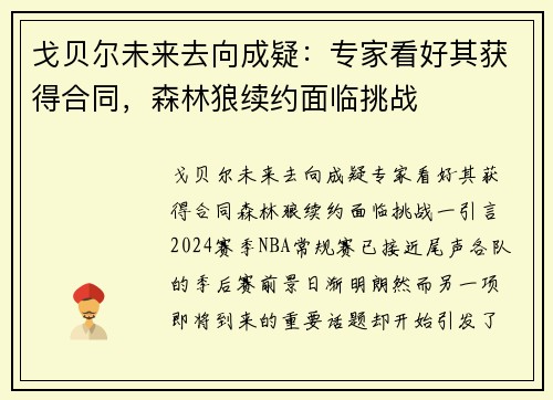 戈贝尔未来去向成疑：专家看好其获得合同，森林狼续约面临挑战