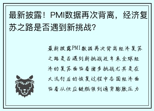 最新披露！PMI数据再次背离，经济复苏之路是否遇到新挑战？