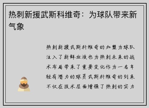 热刺新援武斯科维奇：为球队带来新气象