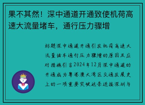 果不其然！深中通道开通致使机荷高速大流量堵车，通行压力骤增